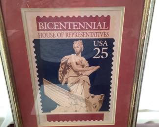 Framed Bicentennial stamp and paperweight 