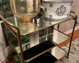 great brass bar cart .. foot bath large handblown vase