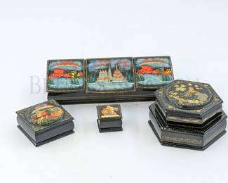(4) HAND PAINTED DRESSER BOXES BLACK LACQUERED (1) HEXAGON...