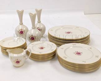 (37) LENOX DISH SET, "RHODORA" GOLD RIM/PINK ROSE 8 DINNER P...
