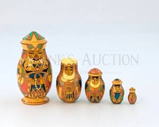 (2) RUSSIAN DOLLS HAND PAINTED (1) (5PC) NESTING DOLL, SIGNED...