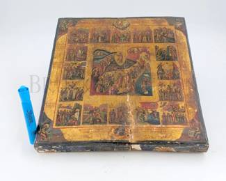 OLD!! - ANTIQUE RUSSIAN ICON
"THE RESURRECTION"

SCENES FROM THE LIFE OF CHRIST, HAVING 16 VIGNETTES AROUND THE CENTER PARADE OF SAINTS.
CYRILLIC INSCRIPTIONS