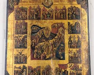 OLD!! - ANTIQUE RUSSIAN ICON
"THE RESURRECTION"
SCENES FROM THE LIFE OF CHRIST, HAVING 16 VIGNETTES AROUND THE CENTER PARADE OF SAINTS.
CYRILLIC INSCRIPTIONS