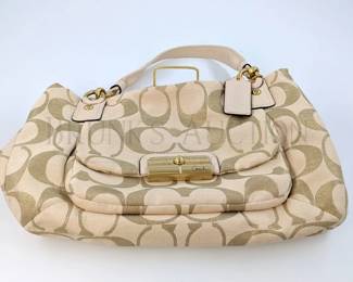 COACH "KRISTIN" CANVAS HANDBAG W/ GOLD ACCENTS GOLD & TAN 16...