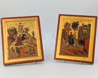 (2) BYZANTINE ICON SERIGRAPHS ON WOOD PANELS W/ CERTIFICATES...