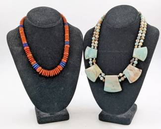 (2) STONE NECKLACES (1) GREENISH-BLUE STONE NECKLACE...