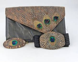 (4 PC) PEACOCK FEATHER & LEATHER MATCHING FASHION SET GENUINE...