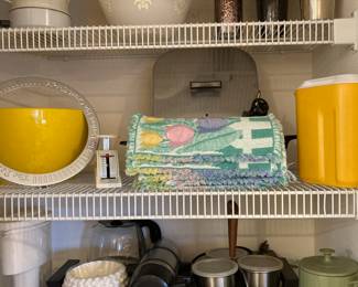 Avocado Green Regal Insta-Hot Pot with Crown Design, Yellow Rubbermaid Handleless Pitcher, White Regal Poly Hot Pot with Floral Design, Assortment of Starbucks Tumblers