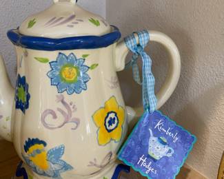 Blue/Yellow/White/Purple Kimberly Hodges Hallmark Teapot with Floral Design