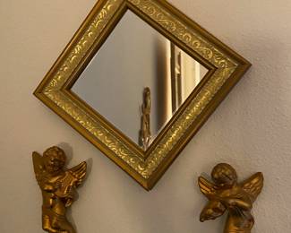Small Gold Tone Framed Mirror, Pair of Wall Hanging Gold Toned Cherubs