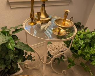 White Wrought Iron Side Table with Rounded Glass Top