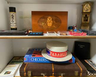 Wooden Owl Inlay Keepsake Box, Farrell’s Ice Cream Parlor Foam Hat, 1950’s Wood 4-5-6 Pick Up Sticks Game, Gold Tone Miniature Grandfather Clock