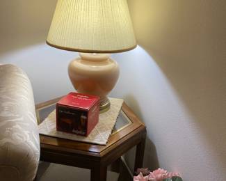 Peach Ceramic Table Lamp, Hexagon Oak Side Table with Glass Top
