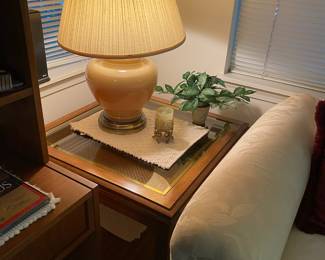 Peach Ceramic Table Lamp, Square Oak Side Table with Glass Top