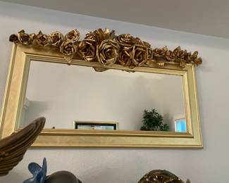 Large Gold Tone Mirror with Rose Design