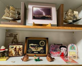 Two Bull Horn Sailing Ships, Matted Lightning Strike Photograph by Win. A. Chiller, Linden Quarts 1910 Rolls Royce Car Clock, 2003 Betty Boop Tin Purse, 1984 Betty Boop Ceramic Jukebox Bank, 1990's Lone Ranger Tin Lunch Box, North Dakota Turd Bird Figurine