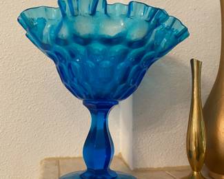 Blue Hobnail/Ruffled Glass with Pedestal Candy Dish