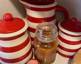 Set of 2 Terramoto Ceramic Canisters & Pitcher with Red/White Stripe Design
