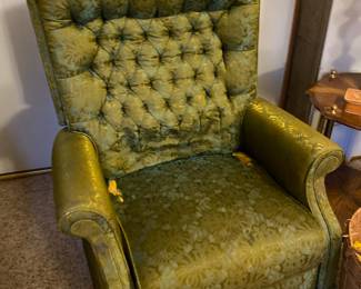 Mid Century Green Floral Upholstered Arm Chair