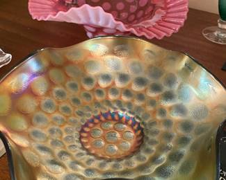 Green/Golden Carnival Glass Ruffled Blown Glass Bowl, Hot Pink/Light Pink Ruffled and Polka Dot Blown Glass Bowl