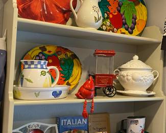 Red Poppy Serving Tray, Multicolored Fruit Themed Serving Tray, Small Red Poppy Plate, 1950s Signature Ceramic Fruit Themed Soup Tureen - Made in Japan, Old Fashioned Popcorn Machine Style Candy Dispenser, White Coated Cast Iron Cookbook/Book Stand, Bromwell's 3-Cup Measuring Flour Sifter with Apple Design