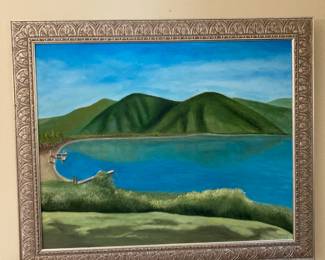 Framed Mountain and Waterscape Oil Painting by Rm Curtis