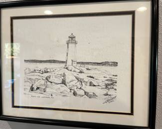 Signed Pen Drawing "Peggys Cove Lighthouse N.S."