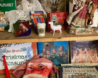  Santa Claus Hooded Face Mask with Gauze Wool Beard, Pair of White Starched Crochet Reindeer Figurines, Starbucks Coffee Cup Ornament, Musical Santa Clause with Deer Christmas Decoration, Assortment of Christmas Books