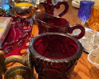 Avon Cape Cod Ruby Red Sugar Bowl, Creamer, Oil/Vinegar Bottle