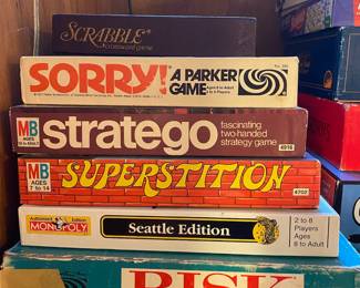 Assortment of Games - Scrabble, Sorry, Strategy, Superstition, Monopoly - Seattle Edition, Risk