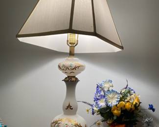 White Table Lamp with Floral Painted Design
