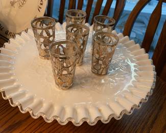 Set of 6 Mexican Sterling Silver Overlay Shot Glasses, Milk Glass Spanish Lace Cake Plate