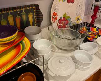 Gourmet du Village White Ceramic Handled Brie Baker, Set of 3 Creme Brulee Porcelain White Round Ramekins, Laurie Gates Round Melamine Serving Platter with Floral Design