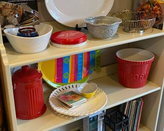 Porcelain White Oval Serving Bowl with Diamond Pattern, Tin Set of 12 Cookie/Sandwich Cutters, Gray Pottery Berry Bowl, Red Ceramic Compost Keeper, Milk Glass Platter with Lace Edge, Red Ceramic Popcorn Pail