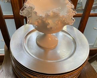Milk Glass Ruffled Edge Candy Bowl with Pedestal, Silver Tone Charger Plates