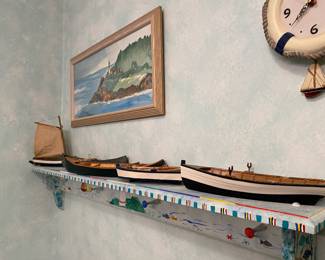 Three Miniature Hand-Made Wood Canoe Models, Miniature Wooden Ship Model