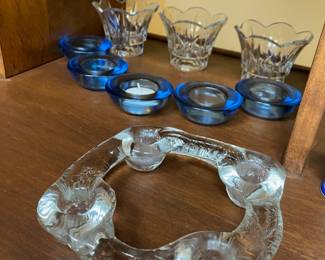 Sweden Pressed Glass Circular Candle Holder, Set of 5 Blue Votive Holders, Set of 3 Crystal Tulip Design Votive Holders
