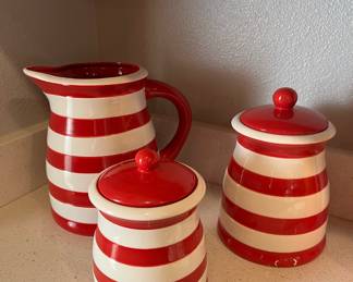 Set of 2 Terramoto Ceramic Canisters & Pitcher with Red/White Stripe Design