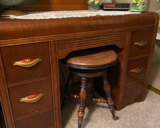 Art Deco Vanity with Round Mirror & Matching Tall Boy Dresser