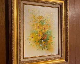 Yellow Wild Flower Oil Painting with Gold Tone Frame - by S. Dressen
