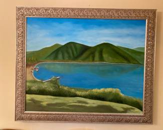 Framed Mountain and Waterscape Oil Painting by Rm Curtis