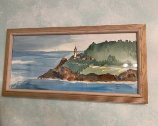 Watercolor Painting of Lighthouse on the Coast by Erna