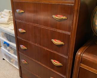 Art Deco Vanity with Round Mirror & Matching Tall Boy Dresser
