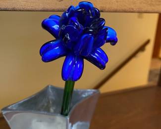 Pewter Square Vase, Blue Blown Glass Flower
