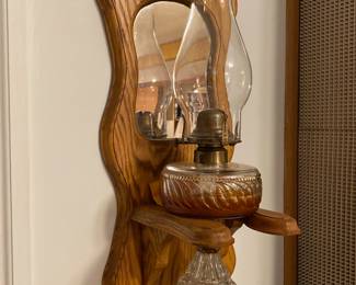 Glass Oil Hurricane Lamp with Wood/Mirrored Stand