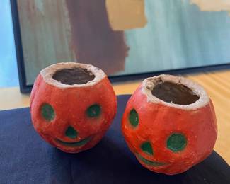 Set of 2 Halloween Paper Mache 2.5” Jack O Lantern Pumpkin Nut Cups
