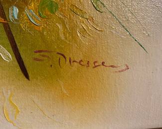 Yellow Wild Flower Oil Painting with Gold Tone Frame - by S. Dressen