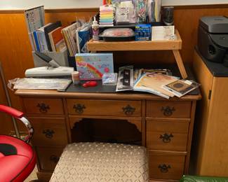 Swingline 3 Hole Punch, Assortment of Office Supplies/Paper, Oak Desk with Stool