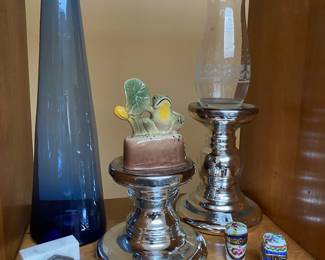 Flower Frog -  Ceramic Frog and Lily Pad, Smoky Blue Mid Century Style Vase, Pair of Silver Toned Candle Sticks