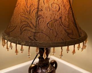 Wood base lamp with beaded shade